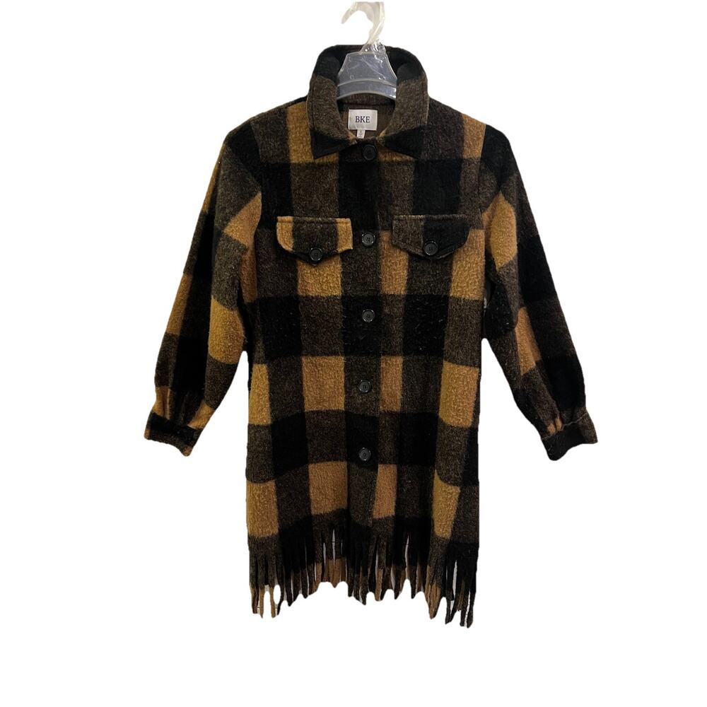 BKE Fleece Jacket Shacket Small Plaid Pockets Camel Black Fringe‎ Button Front